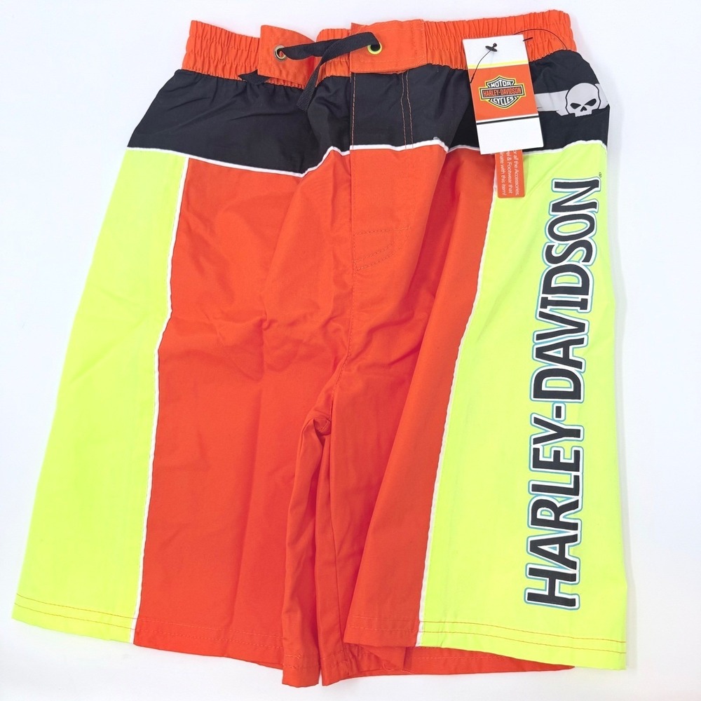 Harley-Davidson Boys Size 8/10‎ Swim Trunks Orange Neon Yellow Skull Logo NEW